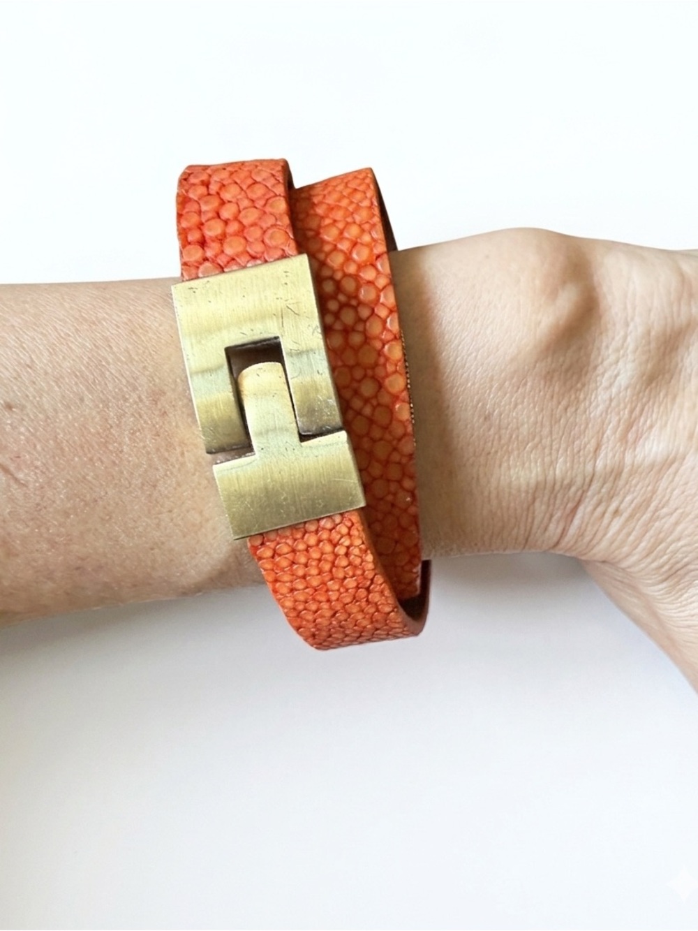 Leighelena Double Jigsaw Orange Stingray Leather Wrap Bracelet